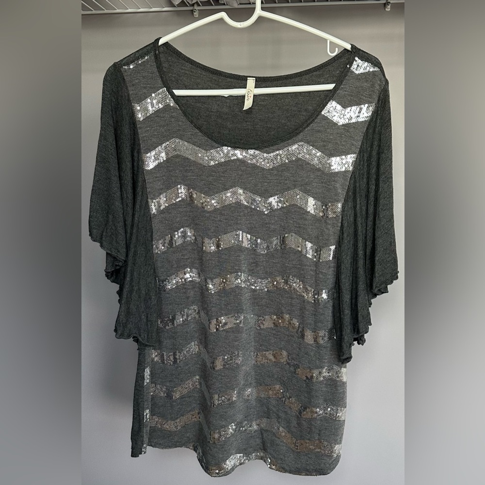 CELESTE size LARGE* gray with silver sequined striped flowing sleeved top